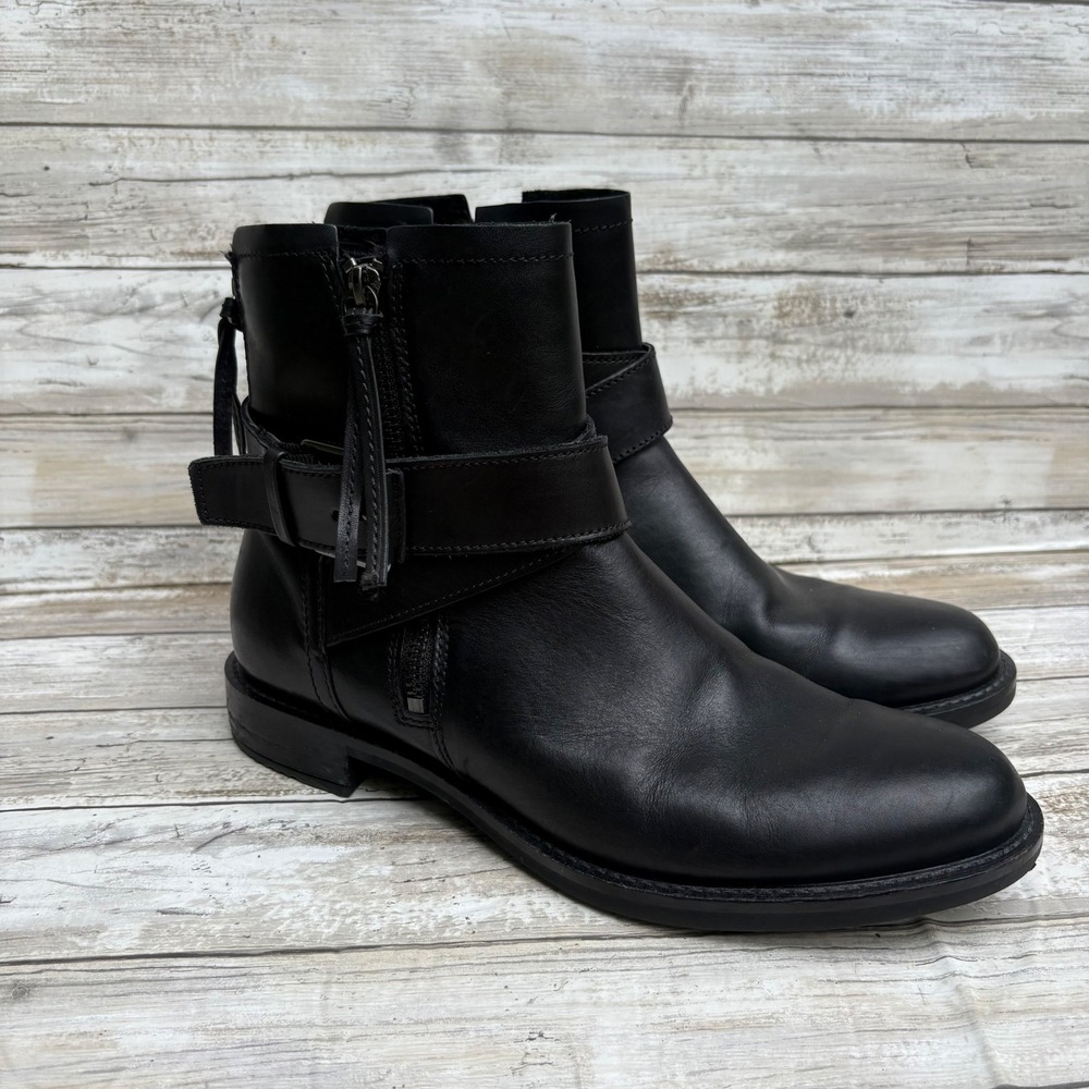ECCO Sartorelle Leather Moto Ankle Boots 40 9 Black Buckle Zip Low Heel Chunck